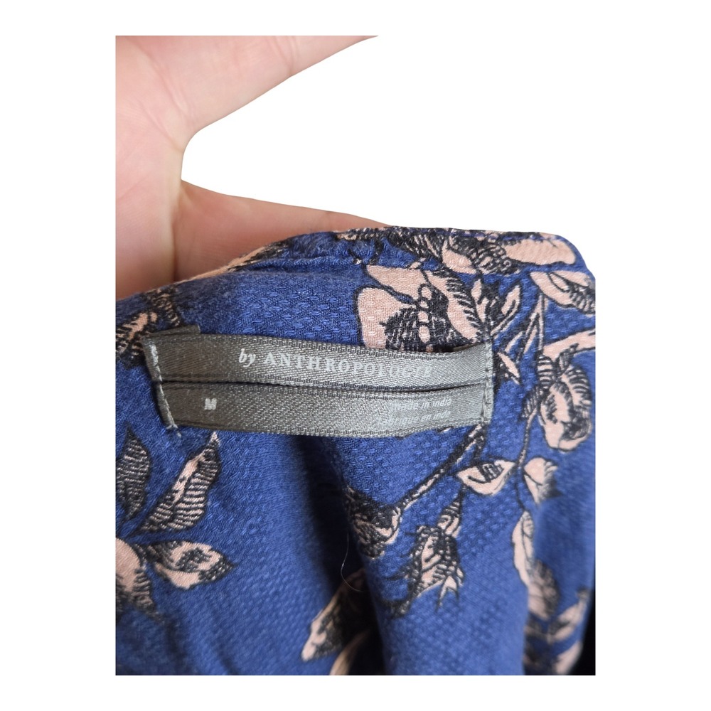 Anthropologie Floral Embroidered Peasant Blouse Navy Blue Size M Long Sleeve - Picture 4 of 6